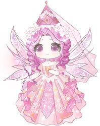 Rule 34 | 1girl, absurdres, argyle clothes, argyle hat, bare arms, bare shoulders, choker, closed mouth, deformed, detached sleeves, dress, drill hair, enchanted encounter (infinity nikki), eyelashes, fairy, fairy wings, frilled headwear, full body, gown, hand on own chest, happy, hat, hat ornament, highres, holding, holding wand, infinity nikki, light blush, light particles, long dress, long hair, looking at viewer, nikki (series), parted bangs, pink choker, pink dress, pink eyes, pink hair, pink hat, pink sleeves, pink veil, pink wings, short sleeves, sidelocks, simple background, smile, solo, sparkle, standing, star (symbol), star hat ornament, star print, star wand, strapless, strapless dress, tareme, veil, wand, wavy hair, white background, wings, zhizhizhizhizhizong