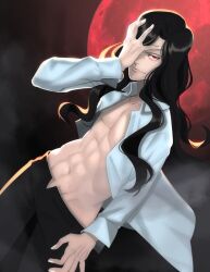 1boy abs black_pants collared_shirt evil_grin evil_smile floating_clothes floating_hair grin hair_over_one_eye hand_in_pocket hand_on_own_face long_hair male_focus michael_roa_valdamjong moon muscular muscular_male night open_clothes open_fly open_hand open_shirt pants red_eyes red_moon shirt simple_background sleeve_cuffs smile standing toned toned_male tsukihime udakyo vampire white_shirt