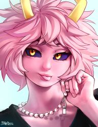 1girl absurdres alternate_costume artist_name ashido_mina bead_necklace beads black_sclera boku_no_hero_academia colored_sclera colored_skin female_focus hhholic highres jewelry necklace pink_hair pink_skin short_hair solo tongue tongue_out yellow_eyes