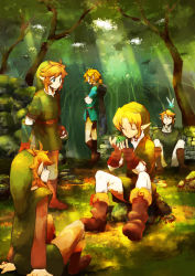 5boys absurdres aqua_shirt belt blonde_hair blue_cape blue_eyes boots brown_footwear cape closed_mouth commentary_request crossed_arms dappled_sunlight earrings fingerless_gloves forest gloves grass green_eyes green_shirt highres instrument jewelry layered_sleeves crossed_legs link long_hair long_sleeves looking_at_another looking_to_the_side looking_up male_focus medium_hair moss multiple_boys multiple_persona music nature navi nintendo ocarina one_eye_closed outdoors pants parted_lips path playing_instrument pointy_ears ponytail red_gloves rinu road shirt short_over_long_sleeves short_sleeves sitting smile standing stone_wall sunlight the_legend_of_zelda the_legend_of_zelda:_a_link_to_the_past the_legend_of_zelda:_breath_of_the_wild the_legend_of_zelda:_ocarina_of_time the_legend_of_zelda:_skyward_sword the_legend_of_zelda:_twilight_princess wall white_pants white_shirt