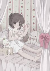 1girl barefoot bed bed_sheet bow brown_eyes brown_hair curtains dress hair_ribbon highres indoors light_smile long_hair needle nekotan_(necotqn) on_bed original pillow pink_bow ribbon sewing sewing_needle sitting sleeveless sleeveless_dress solo stuffed_animal stuffed_rabbit stuffed_toy thread two_side_up white_dress