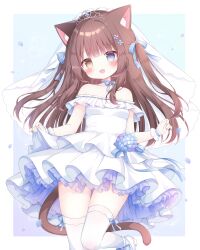 1girl :d absurdres animal_ear_fluff animal_ears bare_shoulders blush bow breasts brown_eyes brown_hair cat_ears cat_girl cat_tail choker cleavage collarbone dress fang flower frilled_dress frills full_body gloves hair_between_eyes hair_bow hair_flower hair_ornament hair_ribbon highres holding long_hair looking_at_viewer medium_breasts open_mouth original ribbon shoes skirt skirt_hold sleeveless sleeveless_dress small_breasts smile solo standing strapless strapless_dress tail thighhighs underwear usami_cocoa very_long_hair wedding_dress white_dress white_flower white_gloves