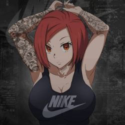 1girl armpits arms_behind_head breasts cleavage en&#039;en_no_shouboutai expressionless fashion lisa_isaribi looking_at_viewer nike_(company) red_eyes red_hair solo tagme tattoo upper_body