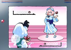 Rule 34 | 2girls, absurdres, black hairband, blue hat, blue kimono, breasts, closed mouth, commentary, frilled kimono, frills, gram 9, green vest, hairband, hand on own hip, hat, highres, hitodama, holding, holding poke ball, japanese clothes, kimono, konpaku youmu, konpaku youmu (ghost), long sleeves, mob cap, multiple girls, nintendo, pantyhose, parody, pink hair, poke ball, pokemon, pokemon battle, ribbon-trimmed collar, ribbon trim, saigyouji yuyuko, shirt, sleeve garter, smile, touhou, triangular headpiece, vest, white hair, white pantyhose, white shirt, wide sleeves