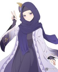 Rule 34 | 1girl, abaya, absurdres, adapted costume, alternate costume, asiri senpai, bridal gauntlets, commentary, english commentary, genshin impact, hair ornament, highres, hijab, hijab as hair, japanese clothes, long sleeves, looking at viewer, mitsudomoe (shape), mole, mole under eye, purple eyes, purple hijab, purple scarf, raiden shogun, scarf, simple background, solo, tomoe (symbol), v, white background, wide sleeves