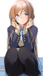1girl absurdres black_pantyhose blazer blue_eyes blue_jacket blue_ribbon blue_skirt brown_hair cellphone earphones gakuen_idolmaster hatsuboshi_gakuen_school_uniform highres himesaki_rinami holding holding_earphones idolmaster jacket long_hair neck_ribbon p.i.t.d pantyhose phone ribbon school_uniform shirt skirt solo squatting sweater very_long_hair white_shirt wireless_earphones yellow_sweater