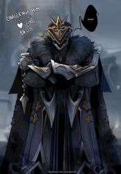 1boy armor black_cape black_coat black_fur black_hair black_helmet blurry blurry_background cape capitano_(genshin_impact) coat colored_speech_bubble commentary crossed_arms darksideofkira english_commentary english_text faceless faceless_male feet_out_of_frame fur_trim genshin_impact halftone helmet highres male_focus scale_armor solo speech_bubble standing straight-on twitter_strip_game