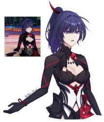 1girl black_dress black_gloves breasts cleavage commentary commentary_request cropped_torso dress english_commentary game_screenshot_inset gloves hair_ornament highres honkai_(series) honkai_impact_3rd large_breasts long_hair mixed-language_commentary open_mouth ponytail purple_eyes purple_hair raiden_mei raiden_mei_(danzai_spectramancer) reference_inset shiyuki_(yuki_09_22) shrug_(clothing) simple_background solo white_background