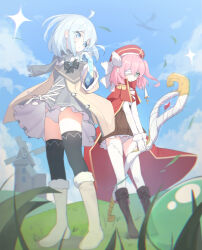 2girls ahoge black_bow black_thighhighs blue_eyes blue_sky blurry_edges boots bow bow_panties bright_pupils brown_boots brown_coat brown_skirt building cape closed_mouth cloud coat commentary crossed_bangs crystal_arm dot_nose double-parted_bangs dress field fur-trimmed_boots fur_trim glint gloves grass green_eyes grey_dress grey_scarf hair_between_eyes hair_bow hat highres holding holding_staff light_blush long_bangs long_sleeves mage_staff medium_hair miniskirt multiple_girls nnn051821 one_eye_covered one_side_up open_clothes open_coat original panties pantyshot parted_lips pink_hair pleated_skirt red_cape red_hat scarf shirt shirt_tucked_in short_dress skirt sky sparkle staff striped_clothes striped_panties thighhighs turning_head underwear upskirt white_bow white_gloves white_hair white_panties white_pupils white_shirt white_thighhighs wind windmill