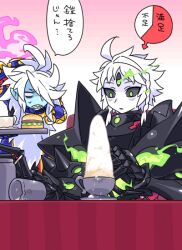 2boys ahoge arm_armor arm_up armlet armor black_armor black_sclera blue_armor blue_skin braid braided_sidelock breastplate burger claws closed_mouth collar colored_sclera colored_skin dipsen_(inu_fuji) dullahan fire focas_(inu_fuji) food from_side full_armor gauntlets gold_trim green_eyes green_fire hair_over_one_eye head_off headless holding holding_head holding_own_head holding_plate inu_fuji japanese_text jar jewelry large_hands long_hair looking_at_another male_focus mechanical_arms monster_boy multiple_boys original pie pink_fire plate pointy_ears pupiless_eyes sharp_teeth shoulder_armor sidelocks simple_background speech_bubble spiked_armor spiked_collar spikes sweatdrop table teeth third_eye translation_request upper_body white_hair white_skin wide-eyed
