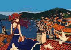 1girl artdroiiid_ii bag beach belt bird blue_dress blue_sky book bow brown_bag brown_eyes brown_hair building chimney closed_mouth cloud commentary day dove dress english_commentary eyelashes floating_clothes floating_hair forest from_behind hat hat_bow hat_ribbon highres hill holding holding_book house long_hair looking_at_viewer looking_back mountainous_horizon nature ocean on_roof original outdoors power_lines red_bow red_ribbon ribbon scenery shoulder_bag sky sleeveless sleeveless_dress smile solo split_mouth standing sun_hat town tree turning_head utility_pole waves white_belt wide_shot wind