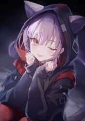 1girl ;p absurdres alternate_costume animal_ears arknights bang_dream! bang_dream!_it&#039;s_mygo!!!!! black_background black_jacket blush cat_ears cat_girl cat_tail closed_mouth clouble ears_through_headwear ears_through_hood elbow_rest elbows_on_thighs hands_up highres hood hood_up hooded_jacket jacket light_particles long_sleeves looking_at_viewer one_eye_closed pantyhose purple_eyes purple_hair purple_tail red_pantyhose sitting sleeves_past_wrists solo tail tongue tongue_out two-sided_fabric two-sided_jacket yuutenji_nyamu