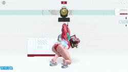1girl ahoge animated ass ass_focus ass_shake bare_legs bikini bikini_under_clothes blue_sandals bouncing_ass butt_crack curvy feet from_behind gameplay_mechanics goddess_of_victory:_nikke green_hairband gun hairband holding holding_gun holding_weapon huge_ass kneeling legs long_hair long_sleeves ponytail rapi_(nikke) rapi_(red_hood)_(nikke) rapi_(red_hood)_(red_flavor)_(nikke) red_hair sandals shirt sound swimsuit tagme thick_thighs thighs thong thong_bikini video weapon white_shirt wide_hips