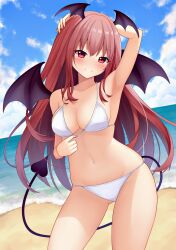 1girl alternate_costume arm_up armpits beach bikini blue_sky blush breasts cleavage closed_mouth cloud collarbone commentary_request day demon_girl demon_tail demon_wings head_wings highres koakuma large_breasts long_hair looking_at_viewer navel ocean outdoors presenting_armpit red_eyes red_hair sand sky smile solo split_mouth stomach suigetsu_(watermoon-910) swimsuit tail touhou very_long_hair white_bikini wings