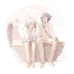 Rule 34 | 2boys, bag, blue hair, cherry blossoms, closed eyes, collared shirt, commentary request, contemporary, dress shoes, falling petals, floating hair, hair between eyes, hairband, happy, holding, horage love, jacket, laughing, long sleeves, male focus, metal hairband, metaphor: refantazio, multiple boys, necktie, open clothes, open jacket, open mouth, pants, petals, protagonist (metaphor: refantazio), school uniform, shirt, shoes, shoulder bag, sitting, sweater vest, teeth, the prince (metaphor: refantazio), tree, upper teeth only, white hair, white jacket, white pants, white shirt, white shoes, white sweater vest, white theme, wing collar