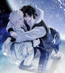 Rule 34 | 2boys, black hair, black jacket, black pants, black shirt, cheng xiaoshi, closed mouth, collared shirt, grey eyes, hair between eyes, highres, hood, hood down, hoodie, hug, jacket, long sleeves, looking at another, lu guang, male focus, multicolored jacket, multiple boys, official alternate costume, open clothes, open jacket, open mouth, pants, planet, ponytail, shiguang dailiren, shirt, short hair, short ponytail, smile, space, star (sky), two-tone jacket, watch, white hair, white hoodie, white jacket, white shirt, wristwatch, yaoi, yolu gin