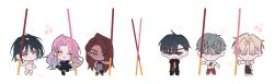 3boys 3girls alien_stage black_coat black_dress black_hair black_pants blonde_hair brown_hair cherry chibi chibi_only coat commentary dark-skinned_female dark_skin dress food fruit green_eyes grey_eyes grey_hair grey_pants holding holding_food holding_pocky hyuna_(alien_stage) ivan_(alien_stage) luka_(alien_stage) mizi_(alien_stage) multicolored_hair multiple_boys multiple_girls one_eye_closed pants pink_hair pocky purple_eyes red_pants red_pupils s301t9 shirt short_hair sua_(alien_stage) till_(alien_stage) two-tone_hair white_dress white_shirt yellow_eyes