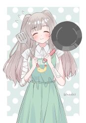 1girl ^_^ apron asukaebi3 bandages bandaid bandaid_on_arm blue_background blush border breasts closed_eyes closed_mouth cowboy_shot dot_nose flying_sweatdrops food frying_pan green_apron grey_hair hands_up highres holding holding_frying_pan holding_spatula idolmaster idolmaster_shiny_colors long_hair medium_breasts outside_border polka_dot polka_dot_background print_apron shirt short_sleeves shrimp shrimp_tempura sidelocks small_breasts smile solo spatula standing tempura twintails twitter_username white_border white_shirt yukoku_kiriko
