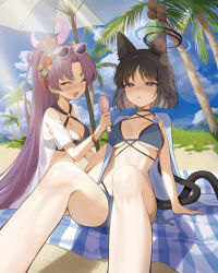 2girls absurdres animal_ear_fluff animal_ears beach beach_umbrella bikini black_eyes black_hair blue_archive closed_eyes cloud cloudy_sky ddungddang grass halo highres kikyou_(blue_archive) long_hair medium_hair multiple_girls palm_tree purple_hair sitting skindentation sky swimsuit tail tree umbrella very_long_hair yukari_(blue_archive)
