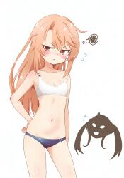 2girls adversarial_noise blue_panties blush breasts brown_eyes chibi chibi_inset cleavage closed_mouth commentary_request hand_on_own_hip highres hitorilily idolmaster idolmaster_cinderella_girls idolmaster_cinderella_girls_u149 matoba_risa multiple_girls navel orange_hair panties pout simple_background small_breasts solo_focus speech_bubble sports_bra standing thought_bubble underwear underwear_only v-shaped_eyebrows white_background white_sports_bra yuuki_haru