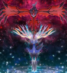 creatures_(company) game_freak gen_6_pokemon highres legendary_pokemon looking_at_viewer maiko_(mimi) nintendo no_humans outstretched_arm petals pokemon pokemon_(creature) pokemon_xy xerneas yveltal