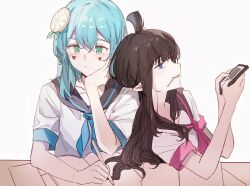 2girls ahoge aotu_world aqua_hair black_hair black_sailor_collar blue_eyes blue_hair blue_neckerchief blush book brown_hair canis428 cellphone chinese_commentary closed_mouth collarbone elbow_rest facial_mark food-themed_hair_ornament green_eyes hair_between_eyes hair_ornament hand_on_own_cheek hand_on_own_face head_rest highres holding holding_pen holding_phone kaili_(aotu_world) leaning_on_person lemon_(aotu_world) lemon_hair_ornament lollipop_in_mouth long_hair looking_at_another looking_at_phone mouth_hold multiple_girls nail_polish neckerchief official_alternate_costume open_book parted_lips pen phone pink_neckerchief pointy_ears purple_neckerchief sailor_collar school_uniform serafuku shirt short_sleeves sidelocks simple_background sitting smartphone table upper_body white_background white_shirt writing yuri