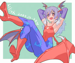 Rule 34 | 1girl, animal print, arms behind head, bat print, bat wings, boots, border, breasts, character name, darkstalkers, dated, demon girl, fang, futa yuri ryona, green background, head wings, high heel boots, high heels, highres, leotard, lilith (darkstalkers), looking at viewer, open mouth, outside border, pantyhose, print pantyhose, purple hair, purple pantyhose, red boots, red eyes, red leotard, shoe soles, short hair, simple background, small breasts, solo, white border, wings