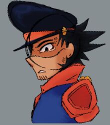 Rule 34 | 1boy, bahn, beard stubble, black eyes, black hair, facial hair, fighting vipers, frown, grey background, hat, highres, jacket, looking at viewer, portrait, sega, selphkatsu, simple background, sketch, solo, spiked hair, stubble