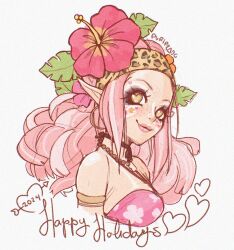 Rule 34 | 1girl, animal print, armlet, bandana, bikini, borrowed character, brown eyes, commentary, cropped shoulders, english commentary, floral print, flower, gyaru, gyaru makeup, heart, heart in eye, hibiscus, highlighter (makeup), highres, jewelry, leopard print, lips, long hair, looking at viewer, manba gyaru, necklace, original, pink bikini, pink flower, pink hair, puri prado, simple background, smile, solo, swimsuit, symbol in eye, white background, white eyeshadow