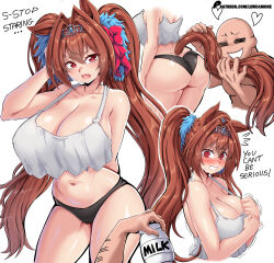 Rule 34 | 1boy, 1girl, @ @, absurdres, animal ears, arm up, ass, bald, black panties, bottle, breasts, brown hair, collarbone, commentary, crop top, cropped torso, daiwa scarlet (umamusume), english commentary, english text, fang, flying sweatdrops, hair between eyes, hair intakes, hetero, highres, holding, holding bottle, horse ears, horse girl, horse tail, huge breasts, lewdamone, long hair, milk bottle, navel, no pants, open mouth, panties, patreon logo, patreon username, red eyes, simple background, smile, strap gap, sweat, tail, tank top, thighs, tiara, trembling, twintails, umamusume, underwear, v-shaped eyebrows, very long hair, white background, white tank top