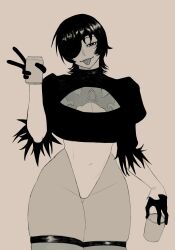 1girl 2b_(nier:automata) absurdres beer_can black_hair breasts can chainsaw_man cleavage cosplay cullieon drink_can eyepatch greyscale highres himeno_(chainsaw_man) holding holding_can leotard looking_at_viewer monochrome nier:automata nier_(series) one_eye_covered short_hair tongue tongue_out v white_leotard