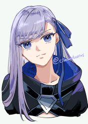 Rule 34 | 1girl, blue eyes, cibamatoxins, commentary request, fate/extra, fate/extra ccc, fate (series), flat chest, hair ribbon, head tilt, highres, long hair, meltryllis (fate), portrait, purple hair, ribbon, smile, solo, twitter username