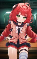 1girl absurdres black_choker black_sailor_collar black_skirt blue_thighhighs bow bowtie braid breasts cardigan choker closed_mouth commentary comodox english_commentary green_eyes highres indoors large_variant_set long_hair long_sleeves looking_at_viewer miniskirt paid_reward_available pink_cardigan pleated_skirt red_hair sailor_collar single_thighhigh sitting skirt small_breasts solo striped_clothes striped_thighhighs thigh_strap thighhighs twin_braids ukinami_yuzuha variant_set white_bow white_bowtie zenless_zone_zero