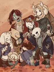 1other 3girls 4boys alphys asgore_dreemurr autumn_leaves casual flower flowey_(undertale) frisk_(undertale) furry furry_female furry_male g_c_hori glasses highres leaf multiple_boys multiple_girls open_mouth papyrus_(undertale) sans_(undertale) sitting skeleton smile toriel undertale undyne