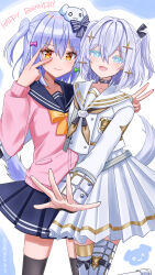 1boy 1girl aqua_hair artist_name black_thighhighs blue_skirt bow brown_ribbon crossdressing dog_hair_ornament gogono_kirin green_ribbon hair_bow hair_ornament hair_ribbon highres inuyama_tamaki jacket medium_hair noripro orange_ribbon pink_jacket purple_hair purple_ribbon ribbon school_uniform serafuku side_ponytail simple_background skirt star_(symbol) star_hair_ornament thigh_bow thigh_strap thighhighs trap virtual_youtuber white_background white_hair white_jacket white_serafuku white_skirt white_thighhighs