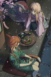 2girls absurdres animal_ears arm_support artist_name au_ra braid cat_ears cat_tail chinese_commentary commentary_request cup dango falling_petals final_fantasy final_fantasy_xiv flower food from_above green_kimono green_sash green_tea highres holding holding_cup horns japanese_clothes kimono looking_at_another miqo&#039;te multiple_girls obi orange_hair petals pink_flower pink_petals purple_kimono sandals sanshoku_dango sash shoes sitting socks sweat tabi tail tea teacup twin_braids unworn_shoes wagashi warrior_of_light_(ff14) white_socks wind_chime wooden_floor yokozuwari yukata yuzaiii zouri