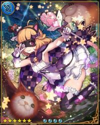 argyle_clothes argyle_thighhighs blonde_hair bow bowtie cloak eyepatch forest gloves hat holding holding_staff magical_girl mask nature night night_sky official_art owlcat owlcat_girl pink_eyes purple_bow purple_bowtie shingeki_no_bahamut short_hair sky staff thighhighs top_hat v white_gloves