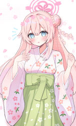 1girl alternate_costume blue_archive blue_eyes blush breasts floral_print green_hakama hair_between_eyes hair_bun hakama halo highres japanese_clothes kimono large_breasts long_hair long_sleeves looking_at_viewer mimori_(blue_archive) open_mouth pink_hair pink_halo pink_kimono print_kimono sateto_(user_knrf2332) single_side_bun solo wide_sleeves