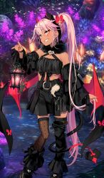 Rule 34 | 1girl, bare shoulders, belt, belt buckle, black belt, black shirt, black skirt, blush, breasts, buckle, chloe von einzbern, chloe von einzbern (fgo fes. 2025), commentary request, crop top, dark-skinned female, dark skin, demon horns, demon tail, demon wings, detached sleeves, earrings, fate/grand order, fate (series), fishnet thighhighs, fishnets, flower, fur collar, grin, hair between eyes, hair flower, hair ornament, halterneck, hand up, hiroyama hiroshi, holding, holding lantern, horns, jewelry, lantern, long hair, long sleeves, looking at viewer, midriff, nail polish, official art, orange eyes, outdoors, pink hair, pink nails, red flower, shirt, side ponytail, skirt, small breasts, smile, solo, standing, stomach tattoo, tail, tattoo, thighhighs, wings