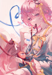 Rule 34 | 1girl, backlighting, bloom, blue ribbon, blue shirt, bow, bowtie, commentary request, double-parted bangs, eyeball, floral print, gradient background, hair between eyes, hair ribbon, hand up, heart, heart of string, highres, knee up, komeiji satori, looking at viewer, mouth hold, osakana (0519 sakana), pink eyes, pink hair, pink skirt, red ribbon, ribbon, shirt, short hair, simple background, skirt, solo, stenciled rose, third eye, touhou, yellow bow, yellow bowtie