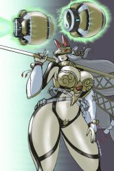 1girl breasts cleavage cowboy_shot digimon digimon_(creature) facial_mark fox_mask gradient_background green_background grey_background grey_hair highres holding large_breasts long_hair mas_square mask navel purple_lips sakuyamon sakuyamon_x-antibody solo staff twitter_username