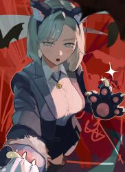 1girl :o absurdres adversarial_noise animal_ear_hairband animal_ears bell black_skirt blunt_ends brown_shoes claws collared_shirt commentary_request curtained_hair dress_shirt fake_animal_ears full_body grey_eyes grey_hair grey_jacket hairband halloween highres jacket jingle_bell lapels loafers long_sleeves looking_at_viewer meiru_(yu_ni_taro) notched_lapels open_clothes open_jacket open_mouth original parted_bangs red_background shirt shoes short_hair skirt solo sparkle standing suit_jacket white_shirt wolf_ears wolf_paws yu_ni_taro
