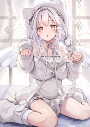 1girl :o absurdres angel_wings animal_ear_headwear animal_ears blush braid character_request choker commentary_request criss-cross_halter cropped_jacket dress fake_animal_ears fuyoyo hair_intakes hair_ornament hairclip halterneck hands_up hat highres long_hair looking_at_viewer loose_socks o-ring o-ring_thigh_strap off_shoulder open_mouth paw_pose pom_pom_(clothes) ribbon_choker sidelocks sitting sleeves_past_wrists socks solo thigh_strap twin_braids wariza watermark white_dress white_hair white_hat white_socks white_wings wings x_hair_ornament yellow_eyes
