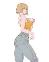 1girl aqua_eyes ass bare_shoulders blonde_hair blunt_bangs blunt_ends body_freckles breasts camisole closed_mouth commentary cowboy_shot cropped_shirt denim elliemaplefox freckles frilled_bracelet from_side grey_pants hand_on_own_chest highres jeans large_breasts looking_at_viewer midriff original pants short_hair simple_background solo symbol-only_commentary torn_clothes torn_jeans torn_pants white_background yellow_camisole