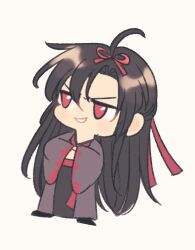 1boy ahoge black_boots black_hair black_hanfu boots chibi chibi_only chinese_clothes coat commentary crossed_arms english_commentary full_body grey_coat grin hair_down hair_ribbon half_updo hanfu highres long_hair long_sleeves male_focus minataka94 modao_zushi official_alternate_costume official_alternate_hairstyle open_clothes open_coat red_eyes red_ribbon ribbon simple_background smile solo wei_wuxian wei_wuxian_(yiling_laozu) white_background wide_sleeves