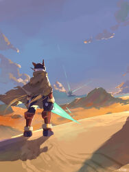 Rule 34 | 1boy, brown cloak, cloak, desert, energy sword, from behind, full body, helmet, highres, holding, holding sword, holding weapon, male focus, mega man (series), mega man zero (series), omochi (mochi skymega), red helmet, solo, standing, sword, weapon, z saber, zero(z) (mega man), zero (mega man)