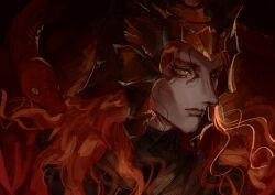 1boy animal armor artist_name black_armor closed_mouth commentary elden_ring elden_ring:_shadow_of_the_erdtree hashtag-only_commentary helmet highres kekmochi long_hair looking_ahead male_focus messmer_the_impaler red_hair red_snake slit_pupils snake solo upper_body wavy_hair yellow_eyes