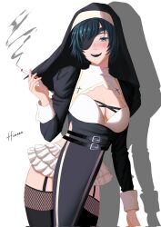 1girl black_hair black_thighhighs blue_eyes blush breasts chainsaw_man character_name cigarette cleavage eyepatch highres himeno_(chainsaw_man) holding holding_cigarette looking_at_viewer mccheese medium_breasts nun open_mouth short_hair skirt smoke solo thighhighs white_skirt