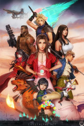 aerith_gainsborough aircraft airship asymmetrical_clothes barret_wallace black_hair blonde_hair brown_hair buster_sword cait_sith_(final_fantasy) cid_highwind cloud_strife cropped_jacket crystal_fae dress fangs final_fantasy final_fantasy_vii final_fantasy_vii_remake forehead_protector gauntlets goggles goggles_on_head headband highres highwind jacket materia open_mouth over_shoulder pink_dress polearm red_headband red_jacket red_xiii sleeveless sleeveless_turtleneck spear spiked_hair suspenders sword tank_top tifa_lockhart turtleneck vincent_valentine weapon weapon_over_shoulder yuffie_kisaragi