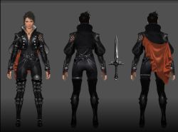 10s ass belt belt_boots boots brown_hair cape concept_art crowe_altius dagger final_fantasy final_fantasy_xv fingerless_gloves gloves high_collar jewelry kingsglaive:_final_fantasy_xv knife leather leather_gloves looking_at_viewer messy_hair official_art orange_cape thigh_boots thigh_gap thighhighs weapon zipper